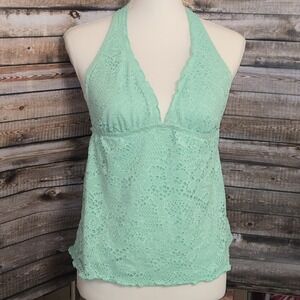 Mint Green Crochet Lace Halter Tankini Top – See Measurements Possibly MED-LRG